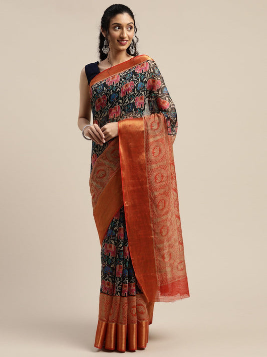 Women's Orange Art Silk Printed Saree