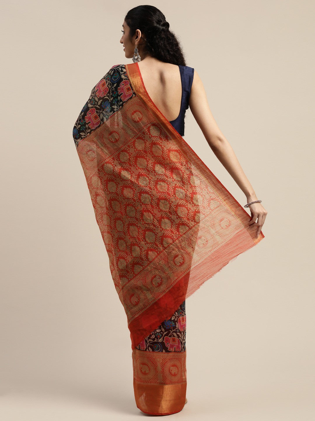 Women's Orange Art Silk Printed Saree