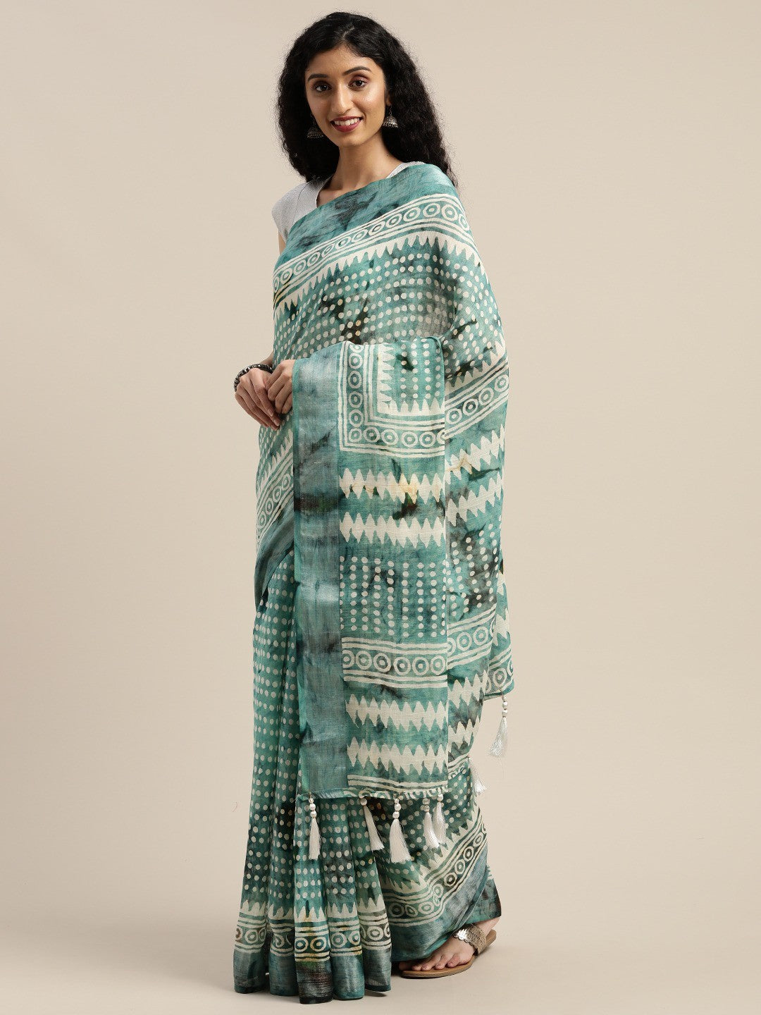 Women's Green , White Art Silk Printed Saree
