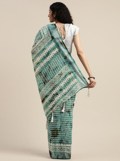 Women's Green , White Art Silk Printed Saree