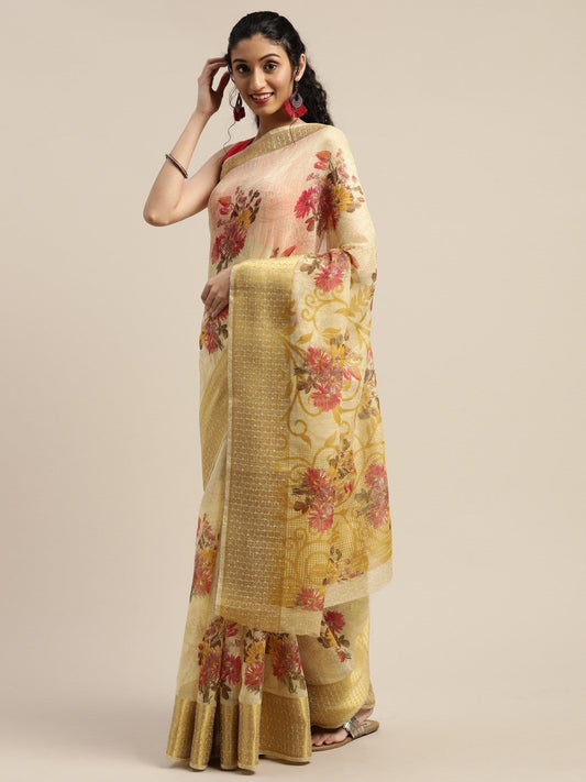 Women's Beige Art Silk Printed Saree