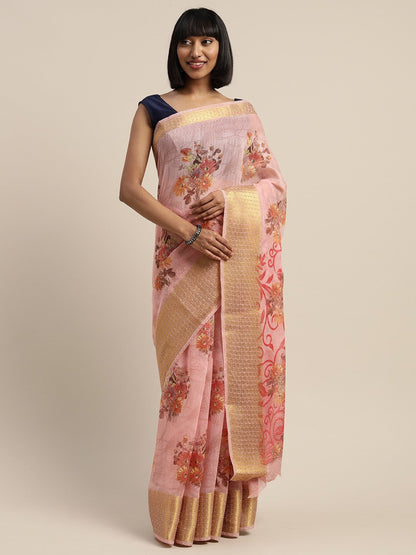 Women's Pink Art Silk Printed Saree