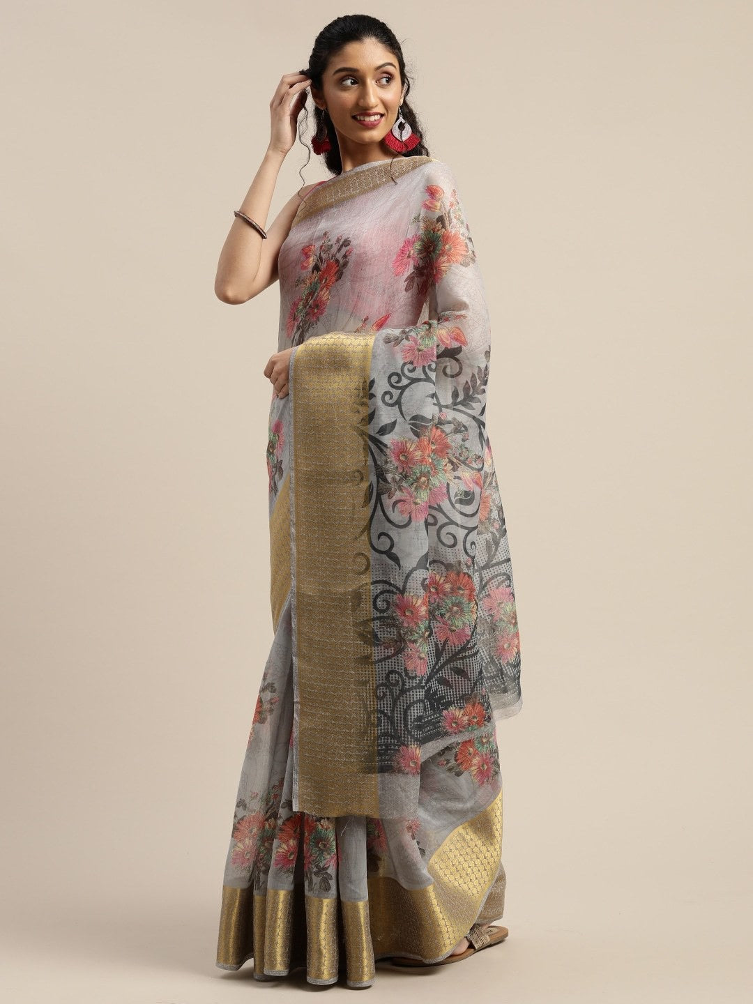 Women's Grey Art Silk Printed Saree