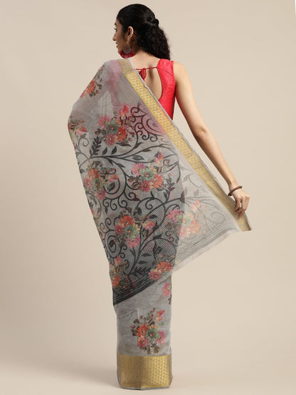 Women's Grey Art Silk Printed Saree