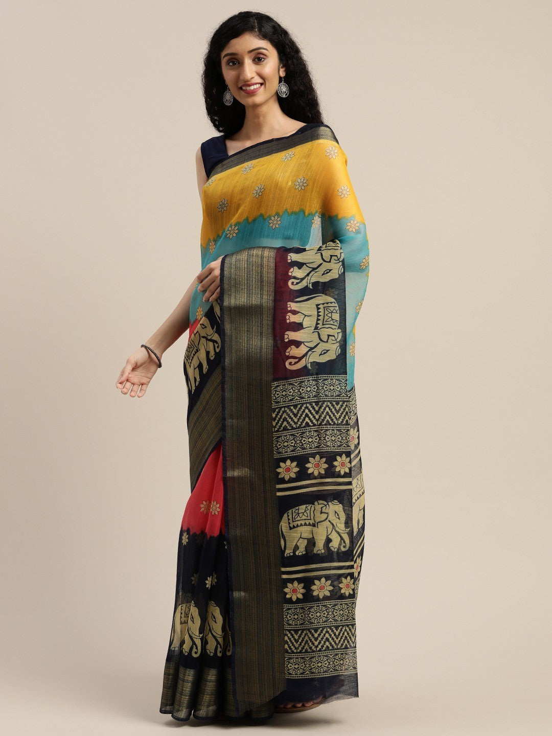 Women's Dark Blue Art Silk Printed Saree