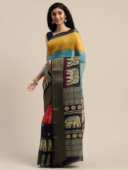 Women's Dark Blue Art Silk Printed Saree