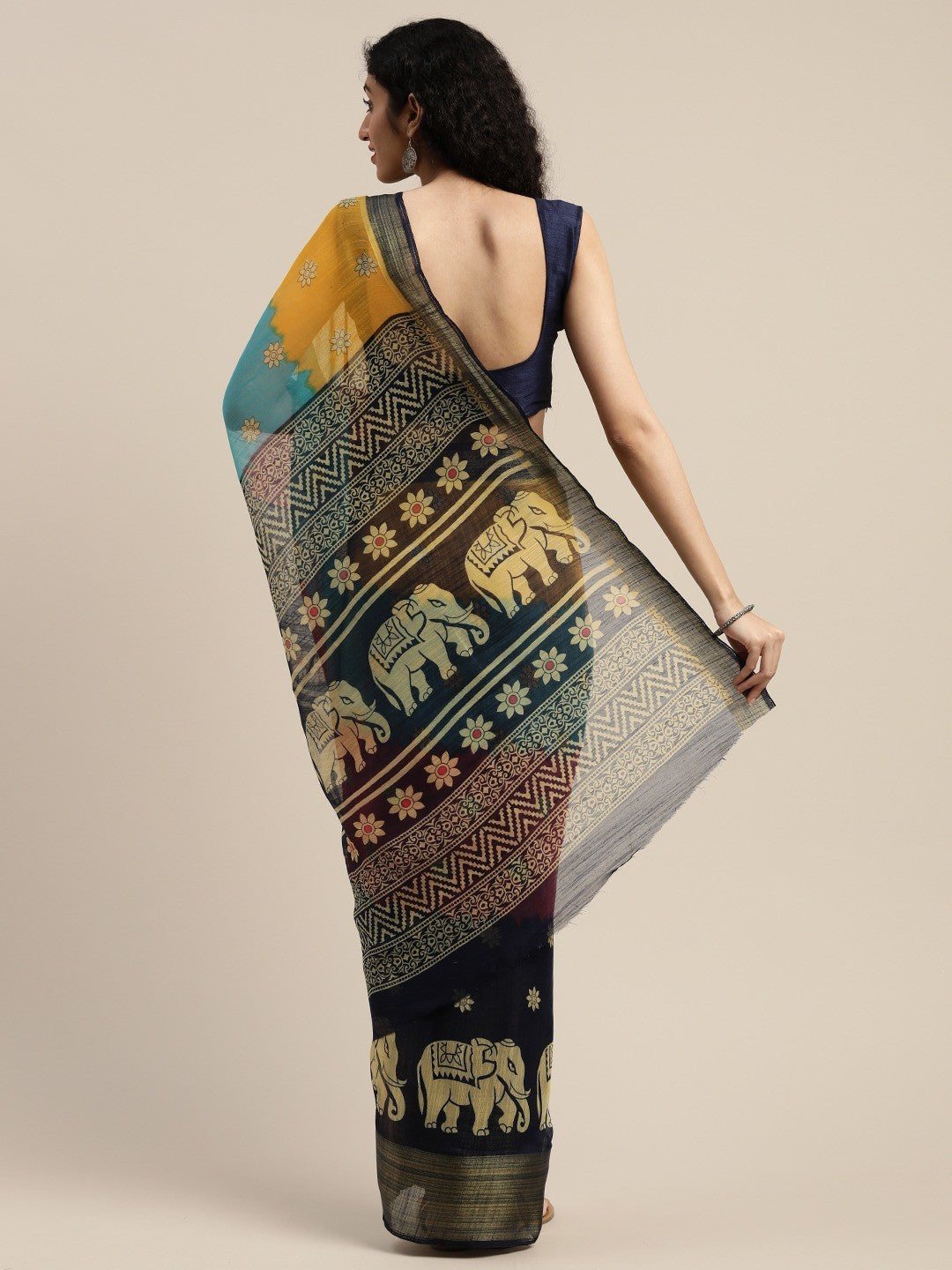 Women's Dark Blue Art Silk Printed Saree