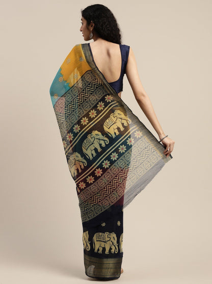 Women's Dark Blue Art Silk Printed Saree
