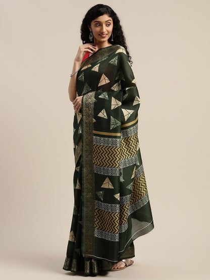 Women's Dark Green Art Silk Printed Saree