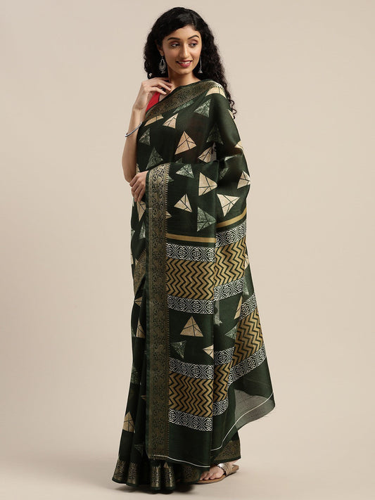 Women's Dark Green Art Silk Printed Saree