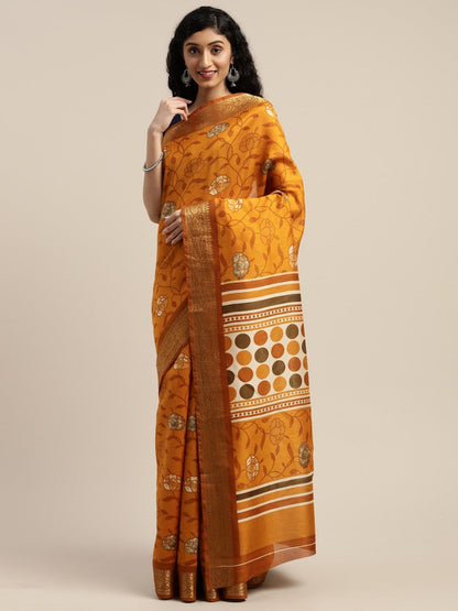 Women's Yellow Art Silk Printed Saree