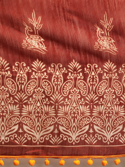 Women's Brown Art Silk Printed Saree
