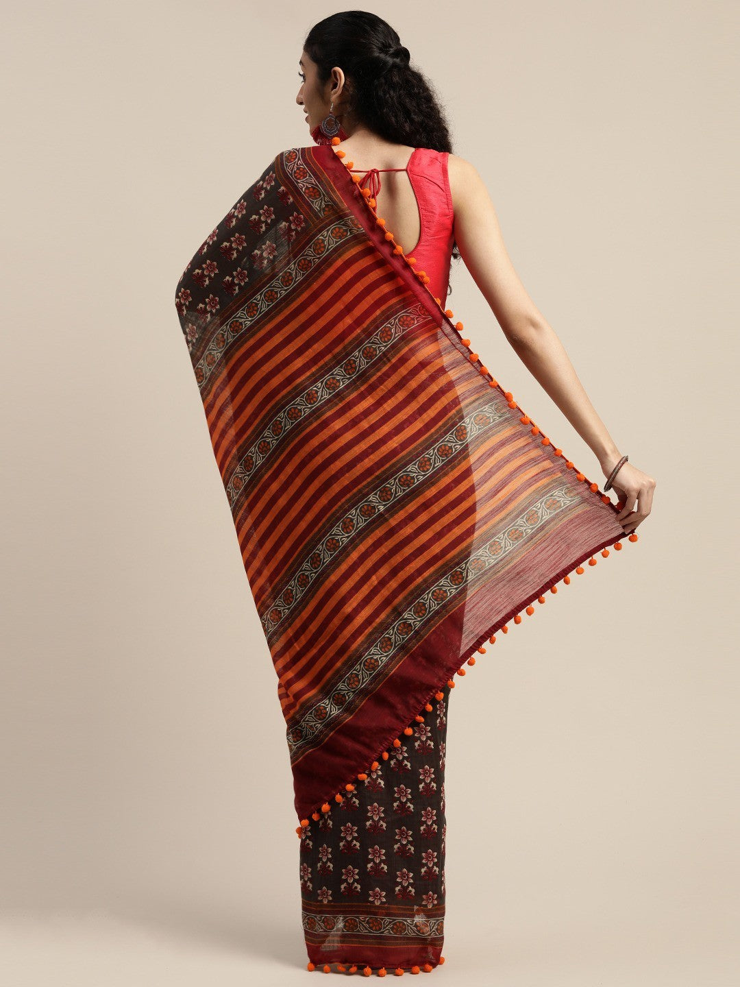 Women's Brown Silk Blend Printed Saree