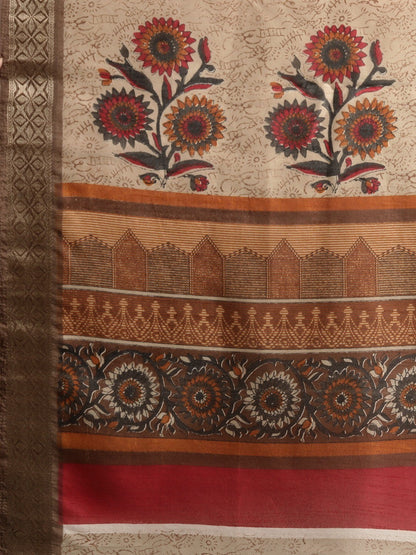 Women's Brown Silk Blend Printed Saree