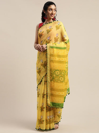 Women's Yellow Art Silk Printed Saree