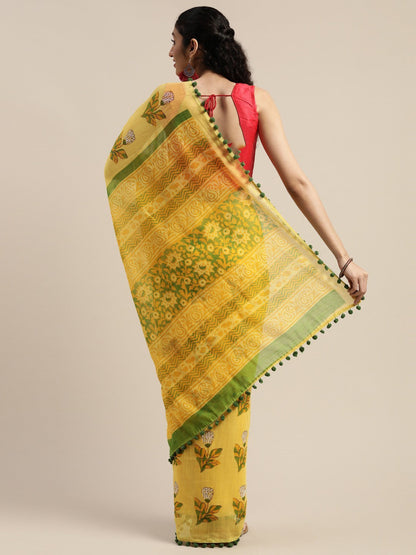 Women's Yellow Art Silk Printed Saree