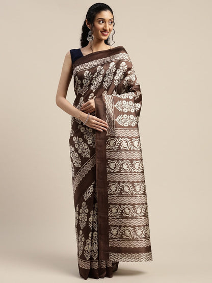 Women's Brown Art Silk Printed Saree