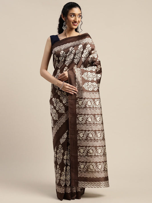 Women's Brown Art Silk Printed Saree