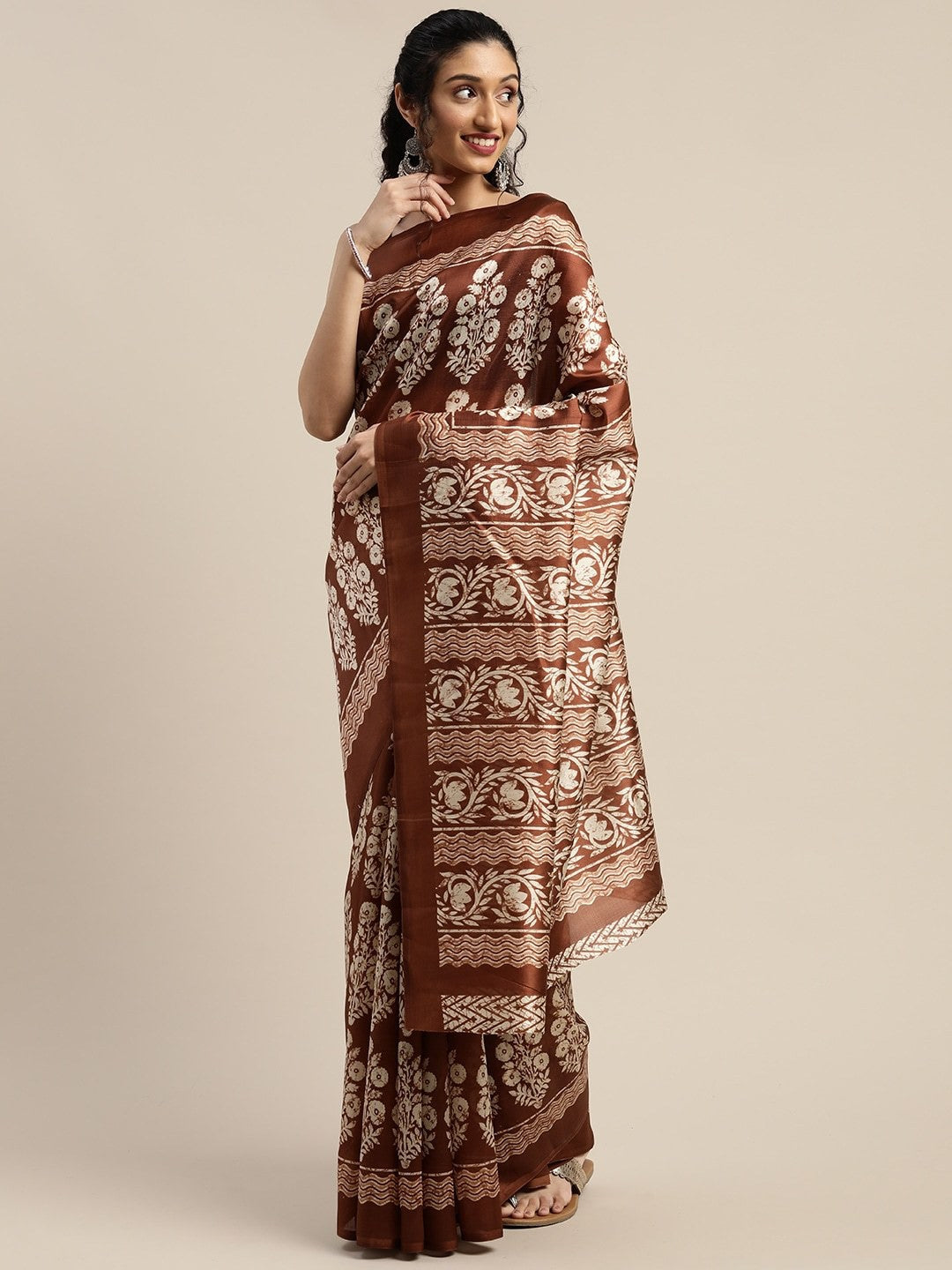 Women's Brown Art Silk Printed Saree