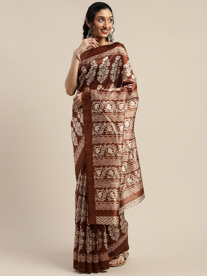 Women's Brown Art Silk Printed Saree
