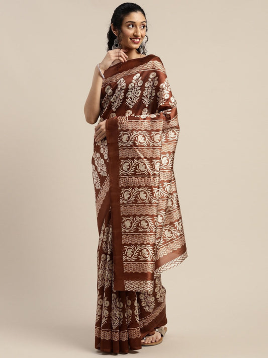 Women's Brown Art Silk Printed Saree