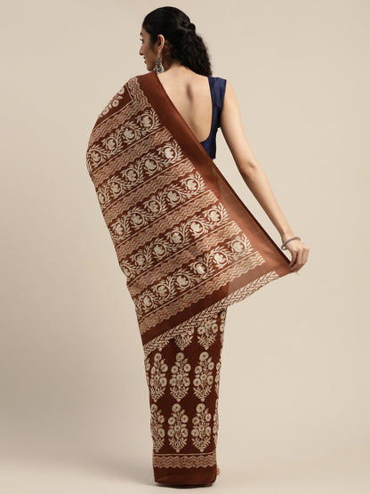 Women's Brown Art Silk Printed Saree