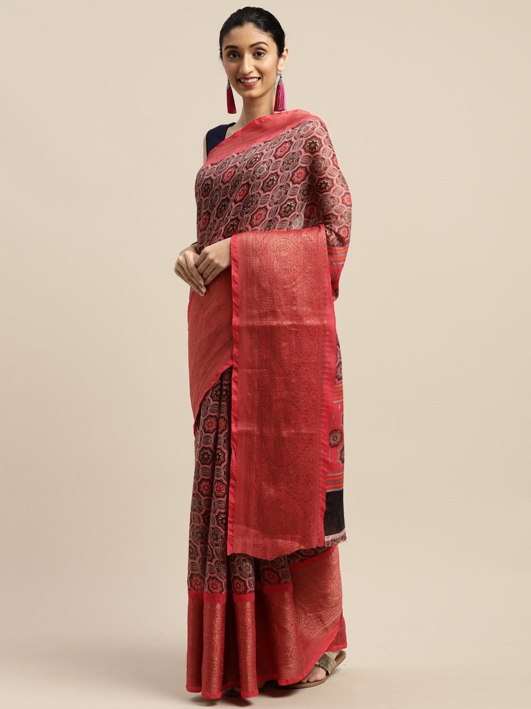 Women's Pink Art Silk Printed Saree