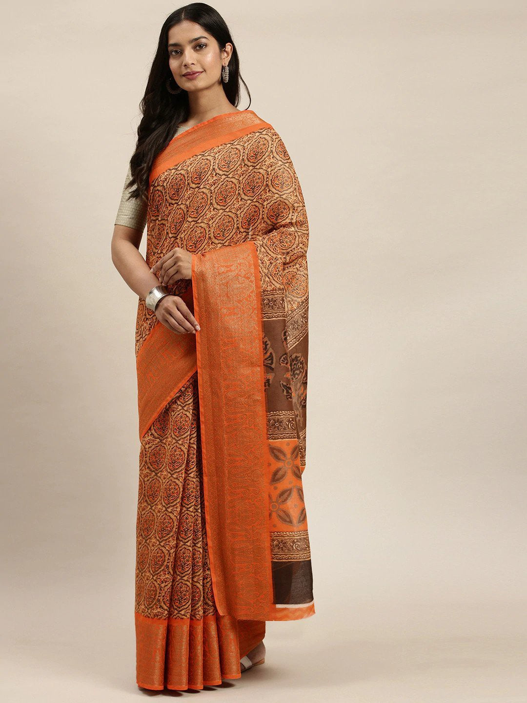 Women's Orange Art Silk Printed Saree