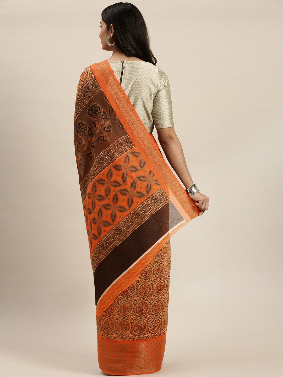 Women's Orange Art Silk Printed Saree