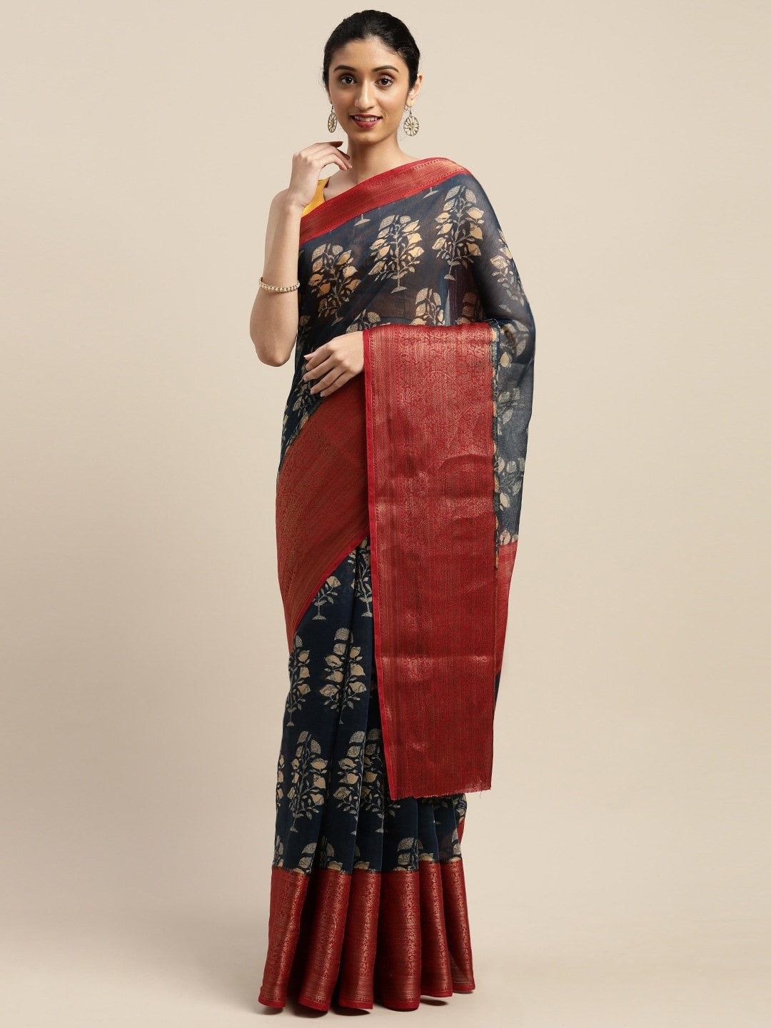 Women's Dark Blue Art Silk Printed Saree