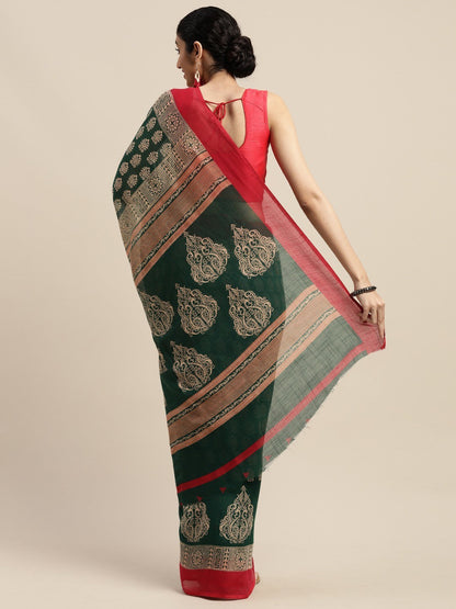 Women's Dark Green Art Silk Printed Saree