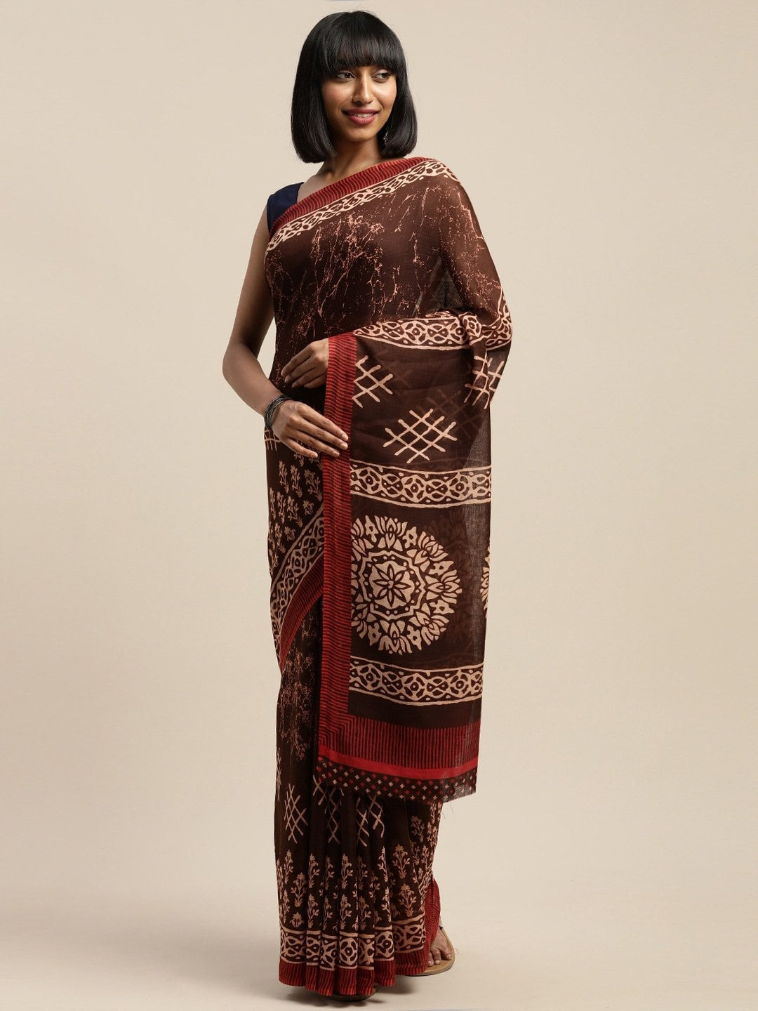 Women's Brown Art Silk Printed Saree