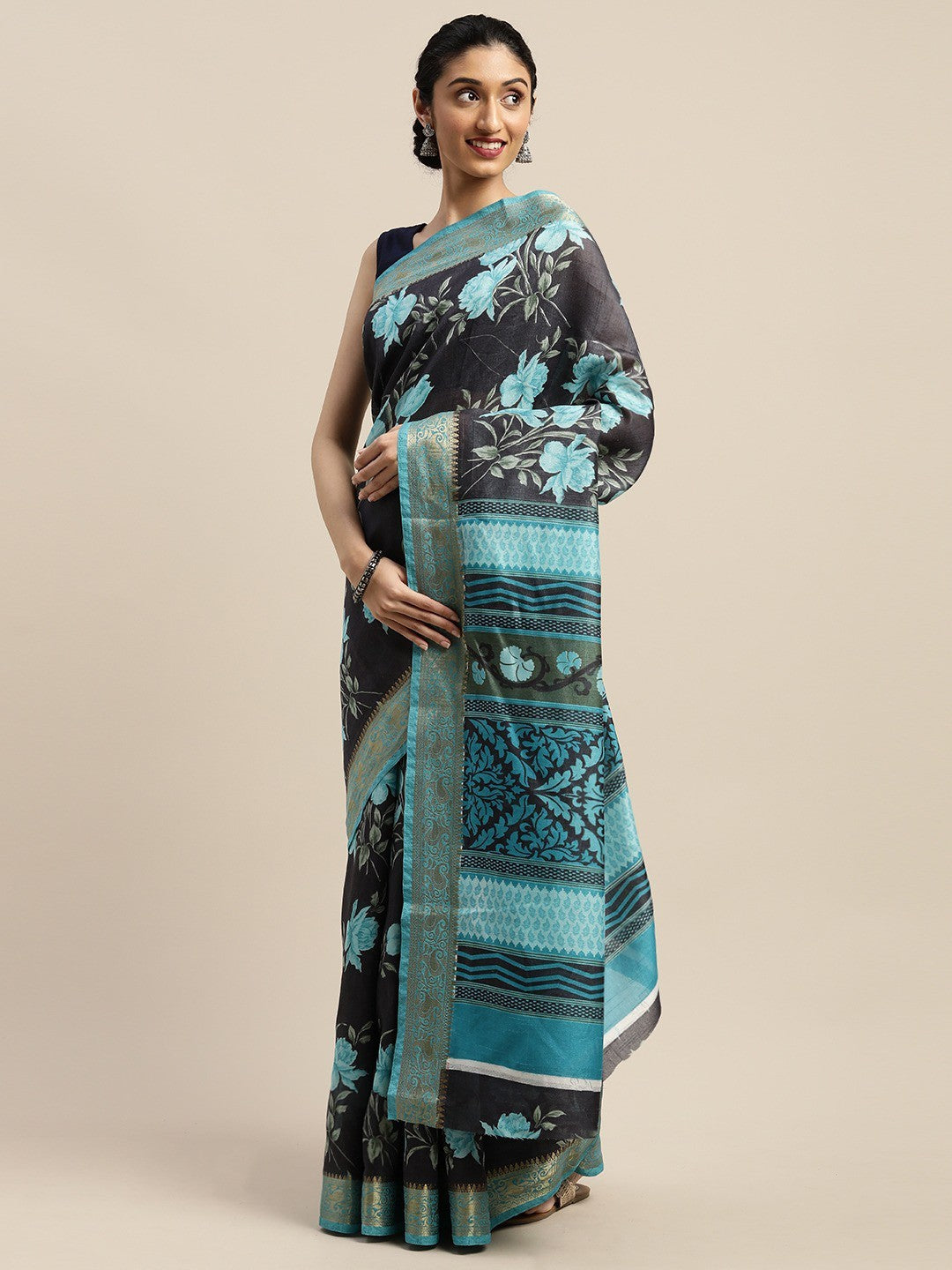 Women's Black Art Silk Printed Saree