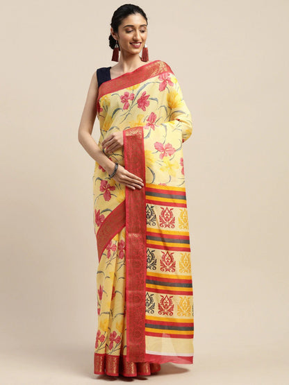 Women's Yellow Art Silk Printed Saree