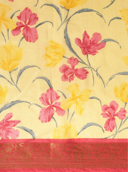 Women's Yellow Art Silk Printed Saree