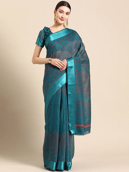 Women's Blue Art Silk Printed Saree