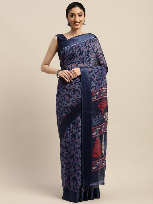 Women's Blue Art Silk Printed Saree