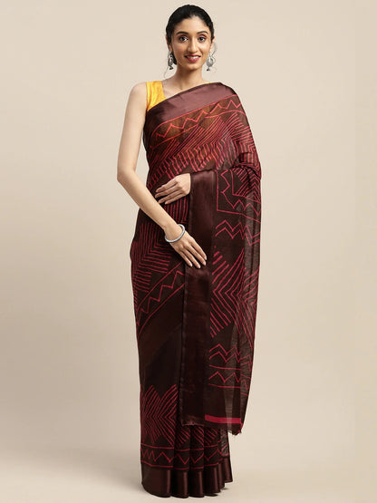Women's Brown Art Silk Printed Saree