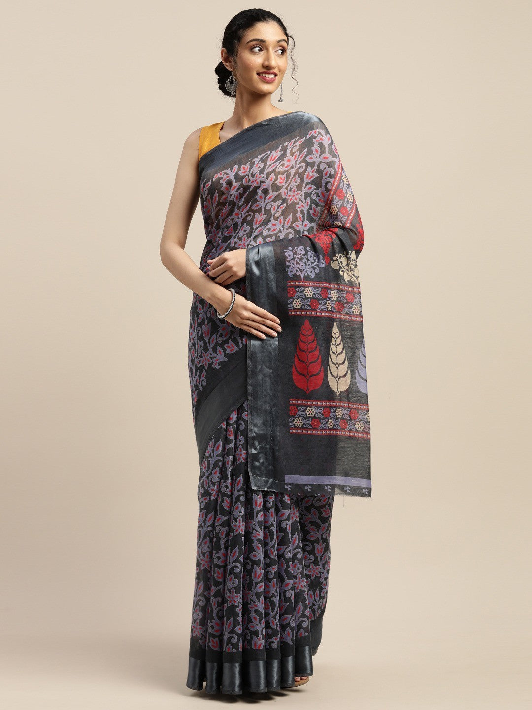 Women's Grey Art Silk Printed Saree