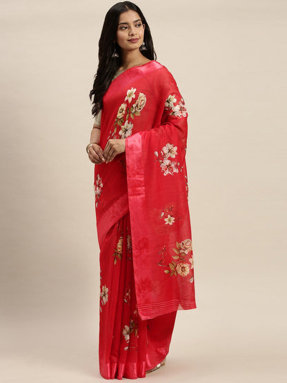 Women's Red Art Silk Printed Saree