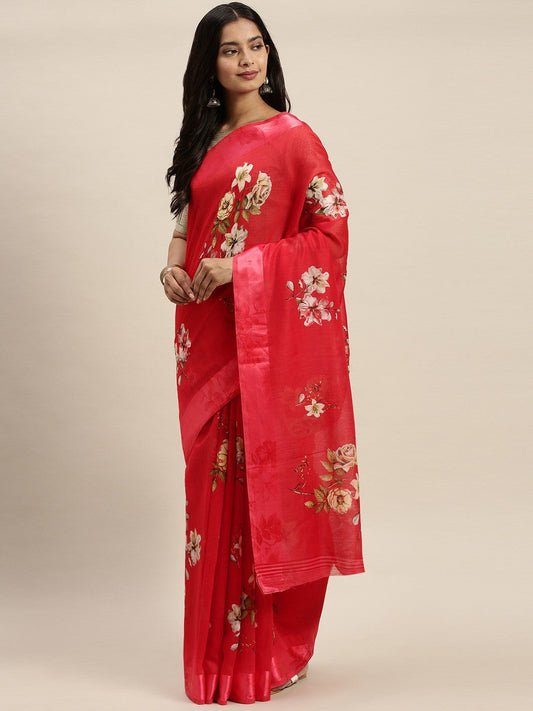 Women's Red Art Silk Printed Saree