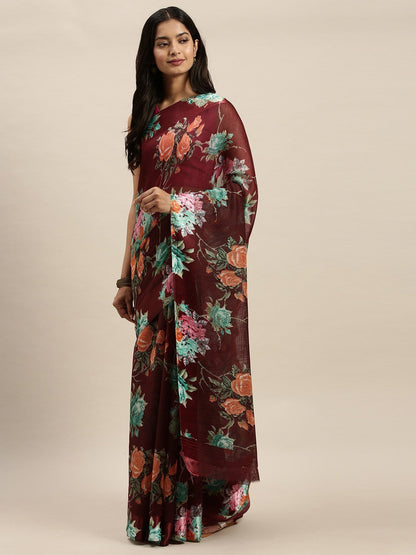 Women's Maroon Art Silk Printed Saree