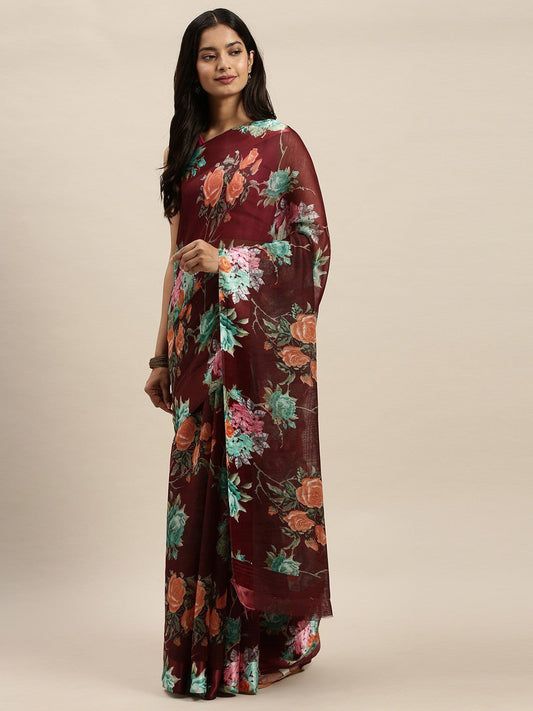 Women's Maroon Art Silk Printed Saree