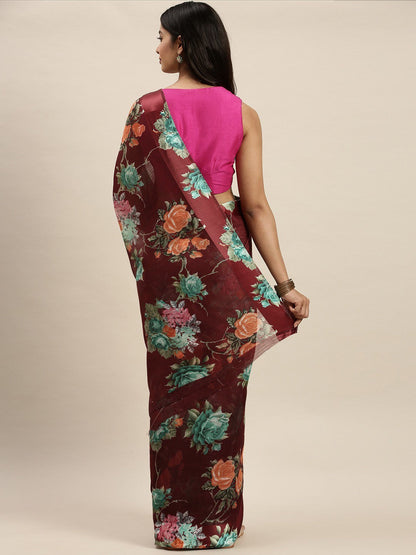 Women's Maroon Art Silk Printed Saree