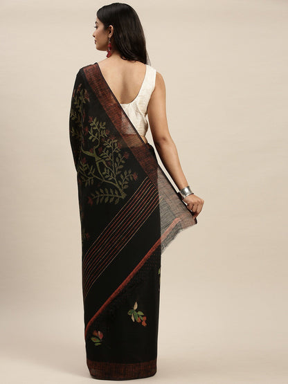 Women's Black Art Silk Printed Saree
