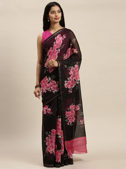 Women's Black Art Silk Printed Saree