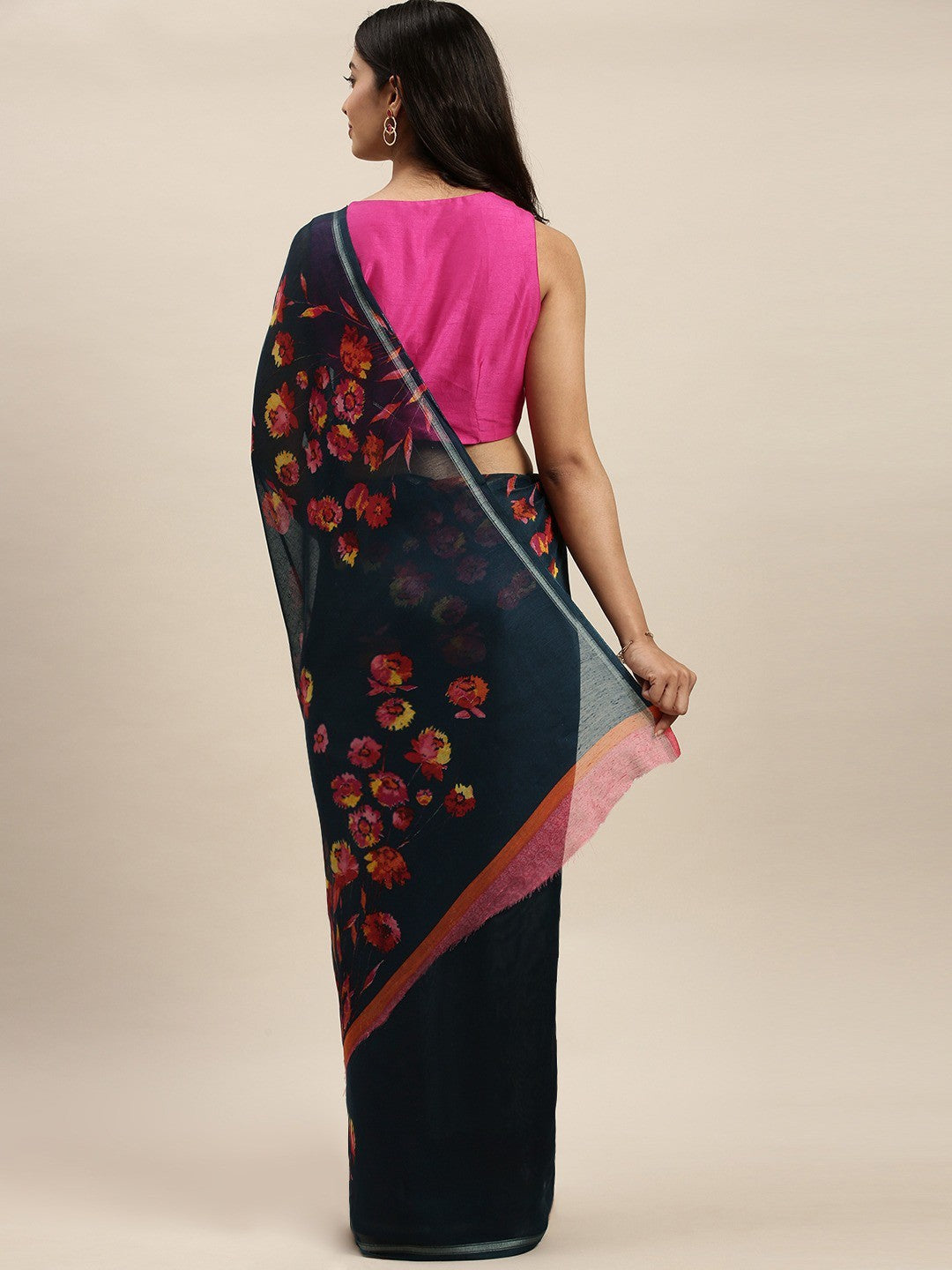 Women's Dark Blue Art Silk Printed Saree