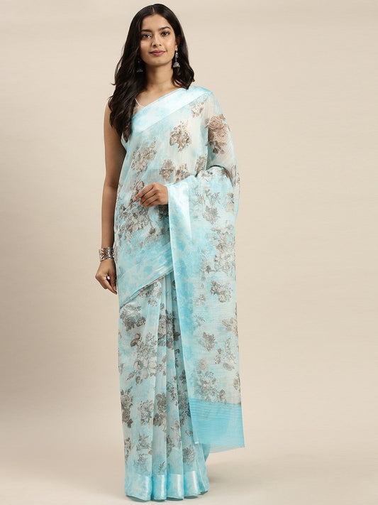 Women's Light Blue Art Silk Printed Saree