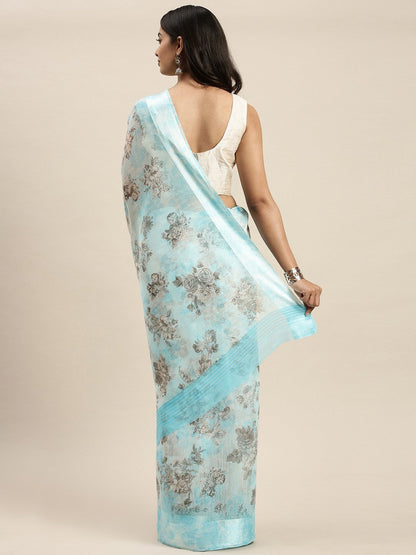 Women's Light Blue Art Silk Printed Saree