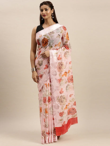 Women's Pink Art Silk Printed Saree